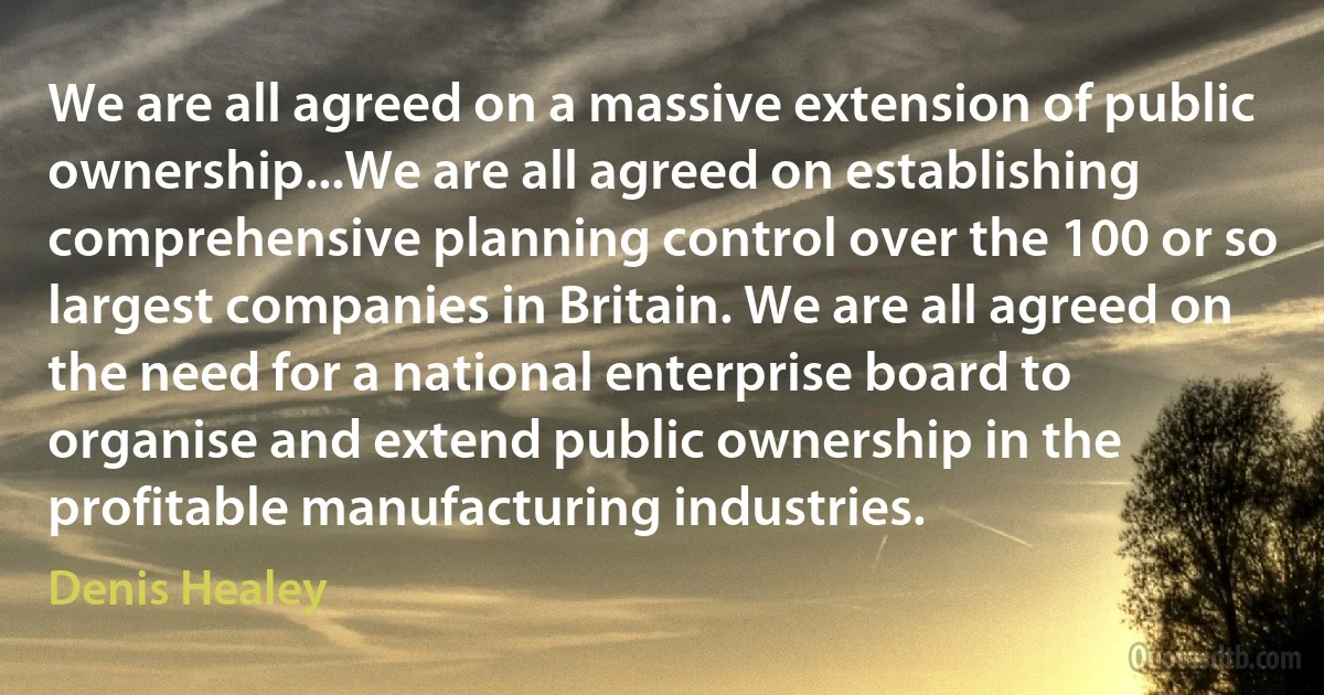 We are all agreed on a massive extension of public ownership...We are all agreed on establishing comprehensive planning control over the 100 or so largest companies in Britain. We are all agreed on the need for a national enterprise board to organise and extend public ownership in the profitable manufacturing industries. (Denis Healey)