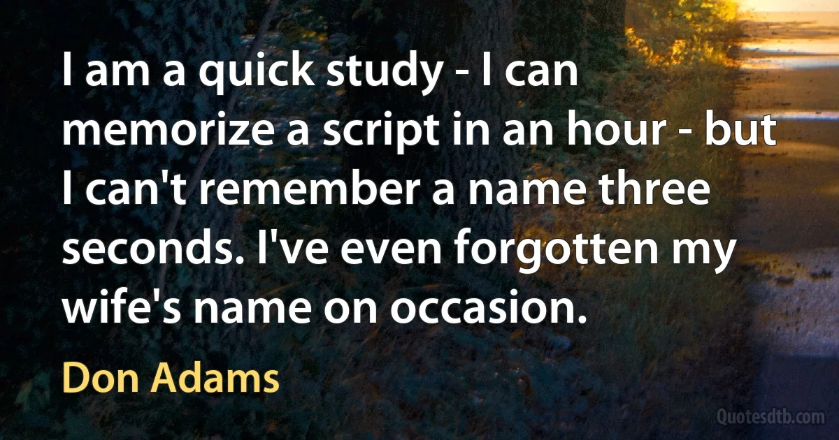 I am a quick study - I can memorize a script in an hour - but I can't remember a name three seconds. I've even forgotten my wife's name on occasion. (Don Adams)