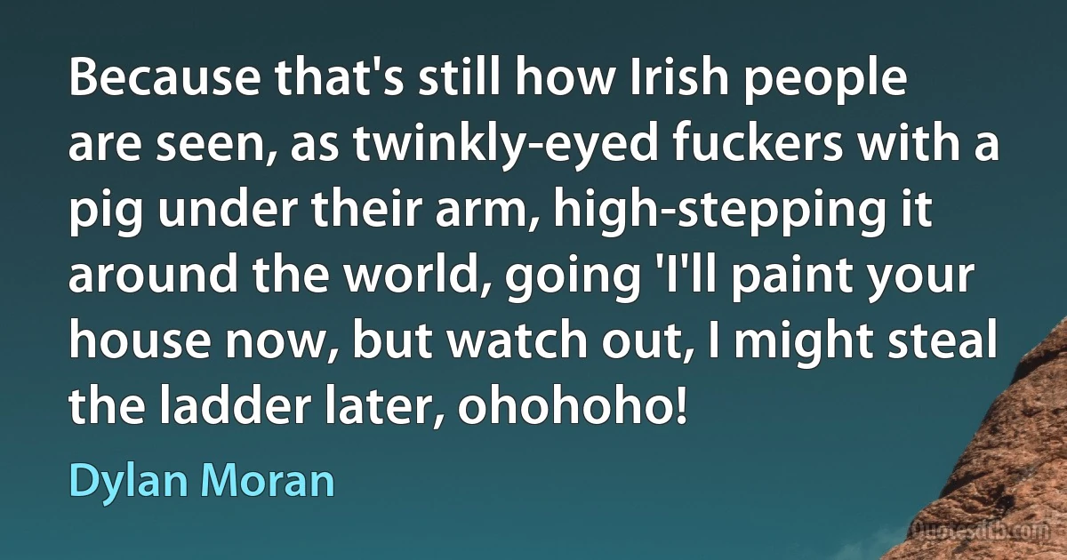 Because that's still how Irish people are seen, as twinkly-eyed fuckers with a pig under their arm, high-stepping it around the world, going 'I'll paint your house now, but watch out, I might steal the ladder later, ohohoho! (Dylan Moran)