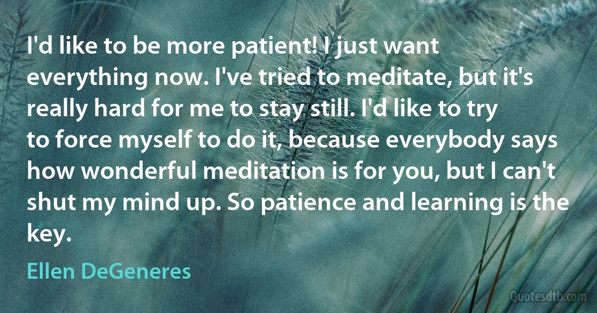 I'd like to be more patient! I just want everything now. I've tried to meditate, but it's really hard for me to stay still. I'd like to try to force myself to do it, because everybody says how wonderful meditation is for you, but I can't shut my mind up. So patience and learning is the key. (Ellen DeGeneres)