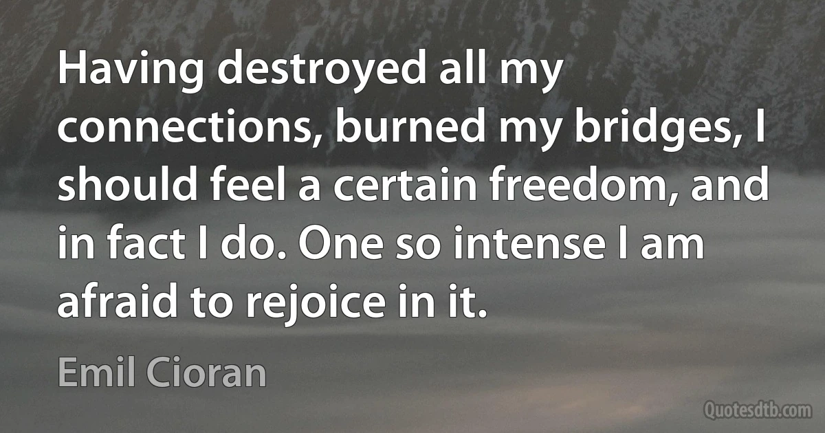 Having destroyed all my connections, burned my bridges, I should feel a certain freedom, and in fact I do. One so intense I am afraid to rejoice in it. (Emil Cioran)