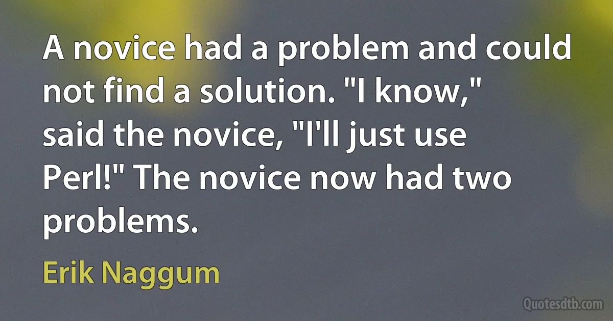 A novice had a problem and could not find a solution. "I know," said the novice, "I'll just use Perl!" The novice now had two problems. (Erik Naggum)