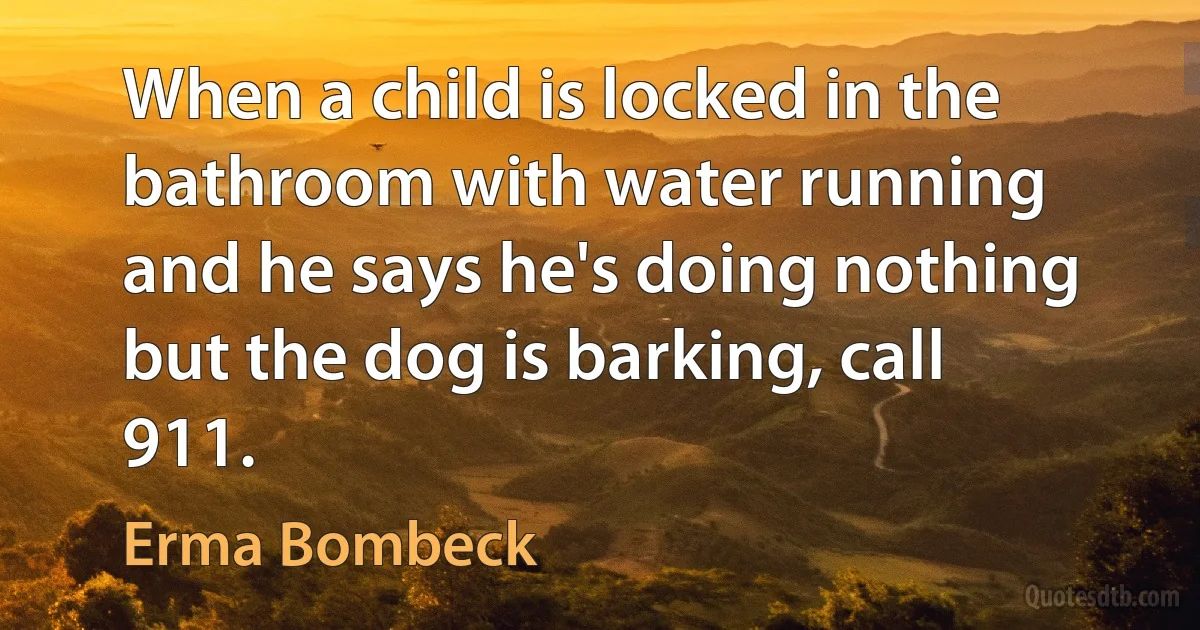 When a child is locked in the bathroom with water running and he says he's doing nothing but the dog is barking, call 911. (Erma Bombeck)