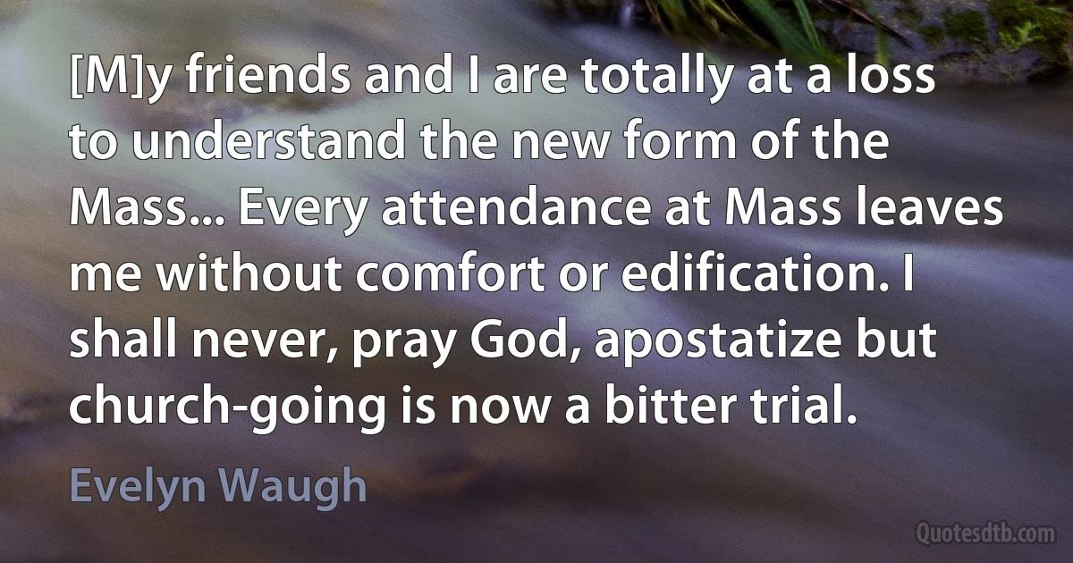 [M]y friends and I are totally at a loss to understand the new form of the Mass... Every attendance at Mass leaves me without comfort or edification. I shall never, pray God, apostatize but church-going is now a bitter trial. (Evelyn Waugh)