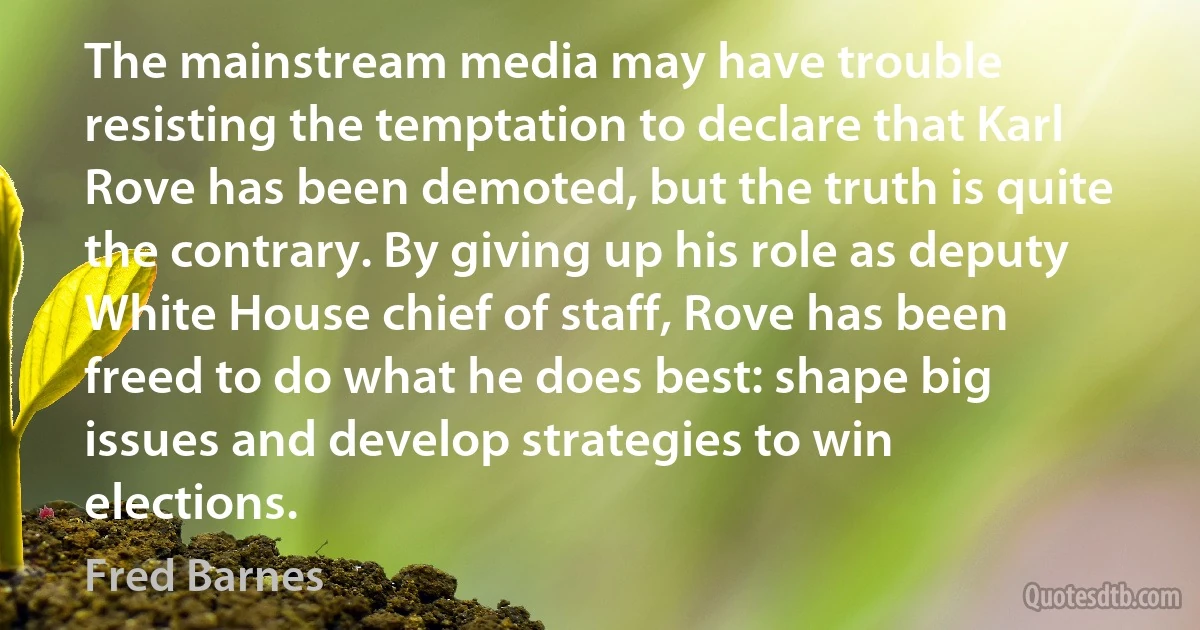 The mainstream media may have trouble resisting the temptation to declare that Karl Rove has been demoted, but the truth is quite the contrary. By giving up his role as deputy White House chief of staff, Rove has been freed to do what he does best: shape big issues and develop strategies to win elections. (Fred Barnes)