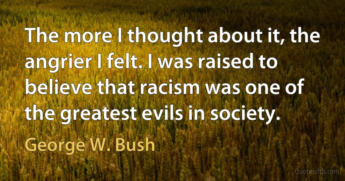 The more I thought about it, the angrier I felt. I was raised to believe that racism was one of the greatest evils in society. (George W. Bush)