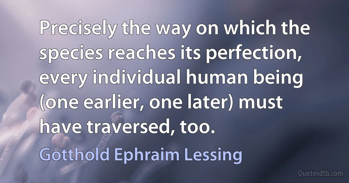 Precisely the way on which the species reaches its perfection, every individual human being (one earlier, one later) must have traversed, too. (Gotthold Ephraim Lessing)