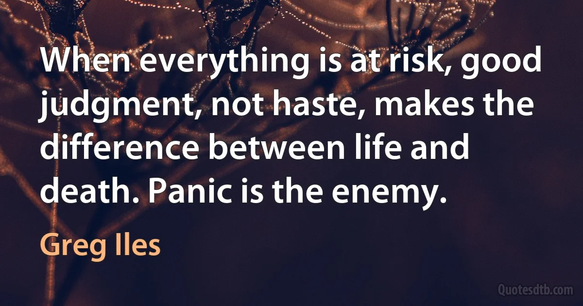 When everything is at risk, good judgment, not haste, makes the difference between life and death. Panic is the enemy. (Greg Iles)