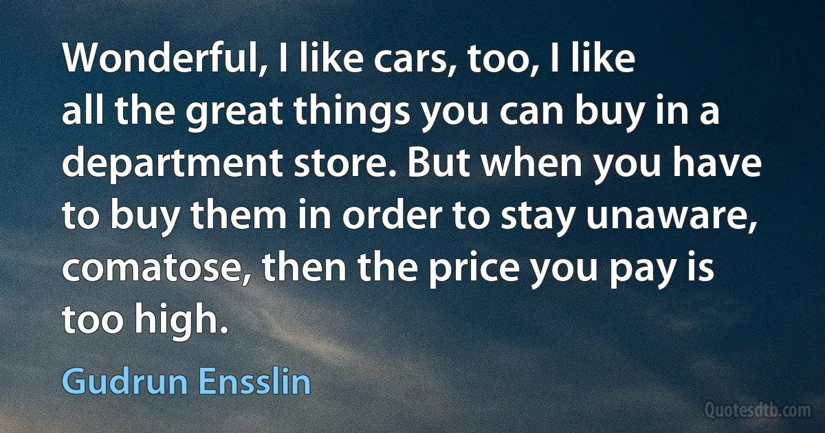 Wonderful, I like cars, too, I like all the great things you can buy in a department store. But when you have to buy them in order to stay unaware, comatose, then the price you pay is too high. (Gudrun Ensslin)