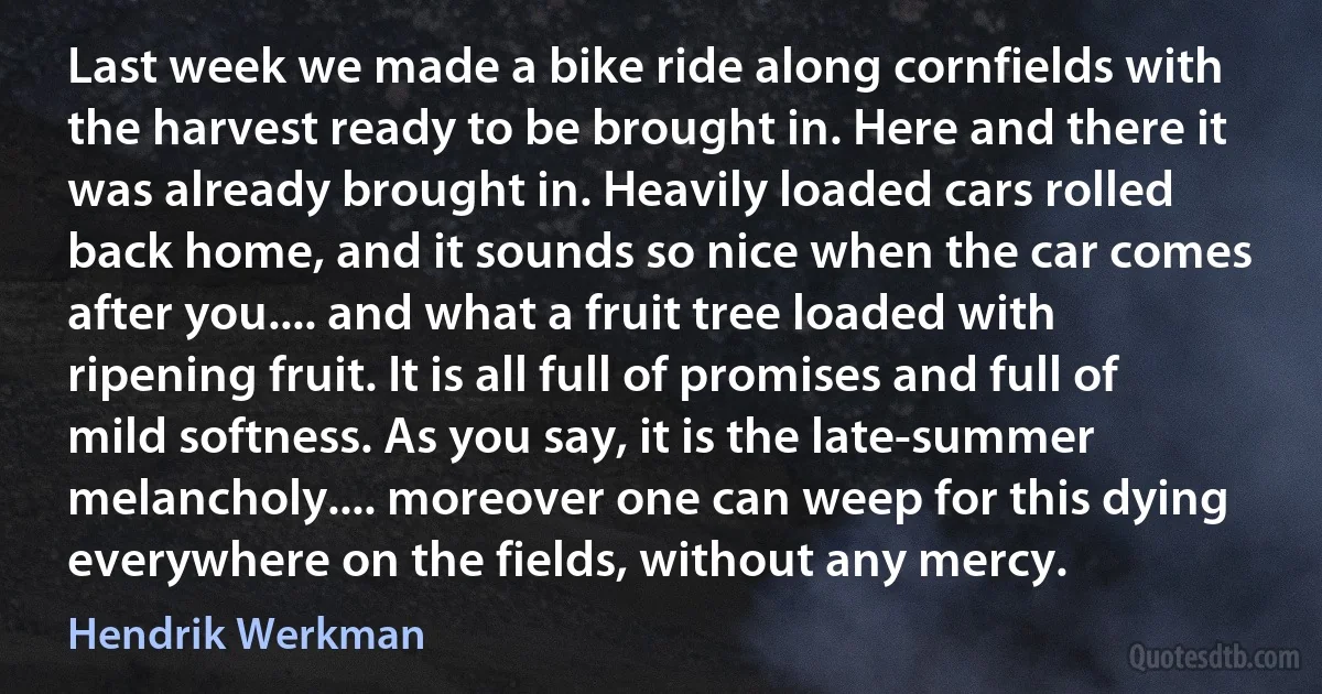 Last week we made a bike ride along cornfields with the harvest ready to be brought in. Here and there it was already brought in. Heavily loaded cars rolled back home, and it sounds so nice when the car comes after you.... and what a fruit tree loaded with ripening fruit. It is all full of promises and full of mild softness. As you say, it is the late-summer melancholy.... moreover one can weep for this dying everywhere on the fields, without any mercy. (Hendrik Werkman)