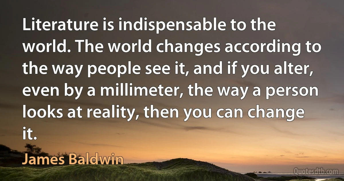 Literature is indispensable to the world. The world changes according to the way people see it, and if you alter, even by a millimeter, the way a person looks at reality, then you can change it. (James Baldwin)