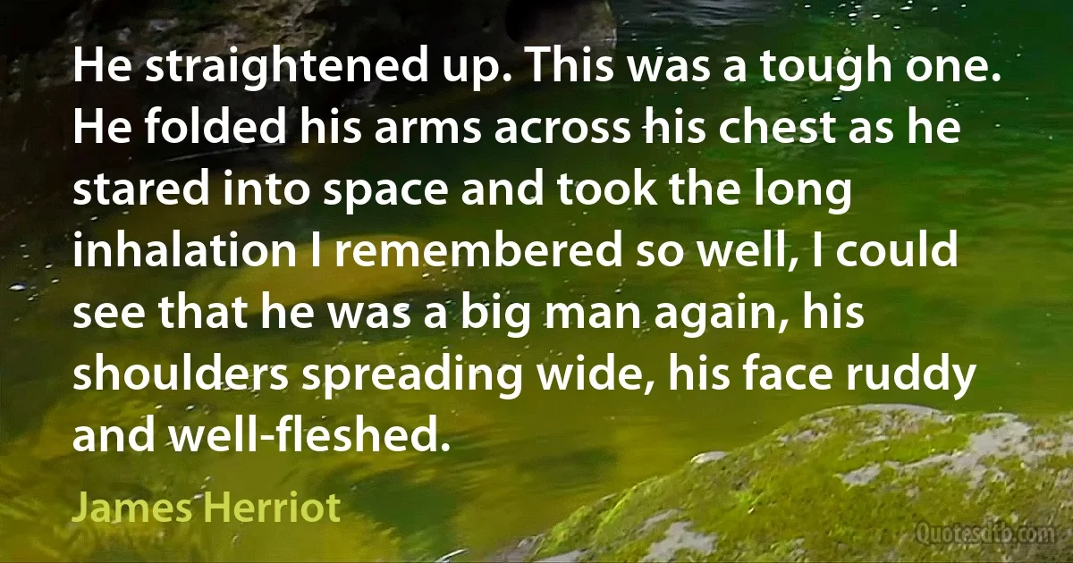 He straightened up. This was a tough one. He folded his arms across his chest as he stared into space and took the long inhalation I remembered so well, I could see that he was a big man again, his shoulders spreading wide, his face ruddy and well-fleshed. (James Herriot)