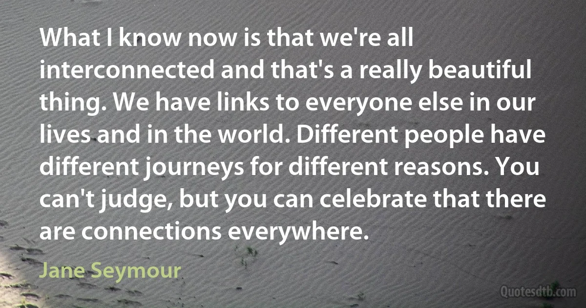 What I know now is that we're all interconnected and that's a really beautiful thing. We have links to everyone else in our lives and in the world. Different people have different journeys for different reasons. You can't judge, but you can celebrate that there are connections everywhere. (Jane Seymour)