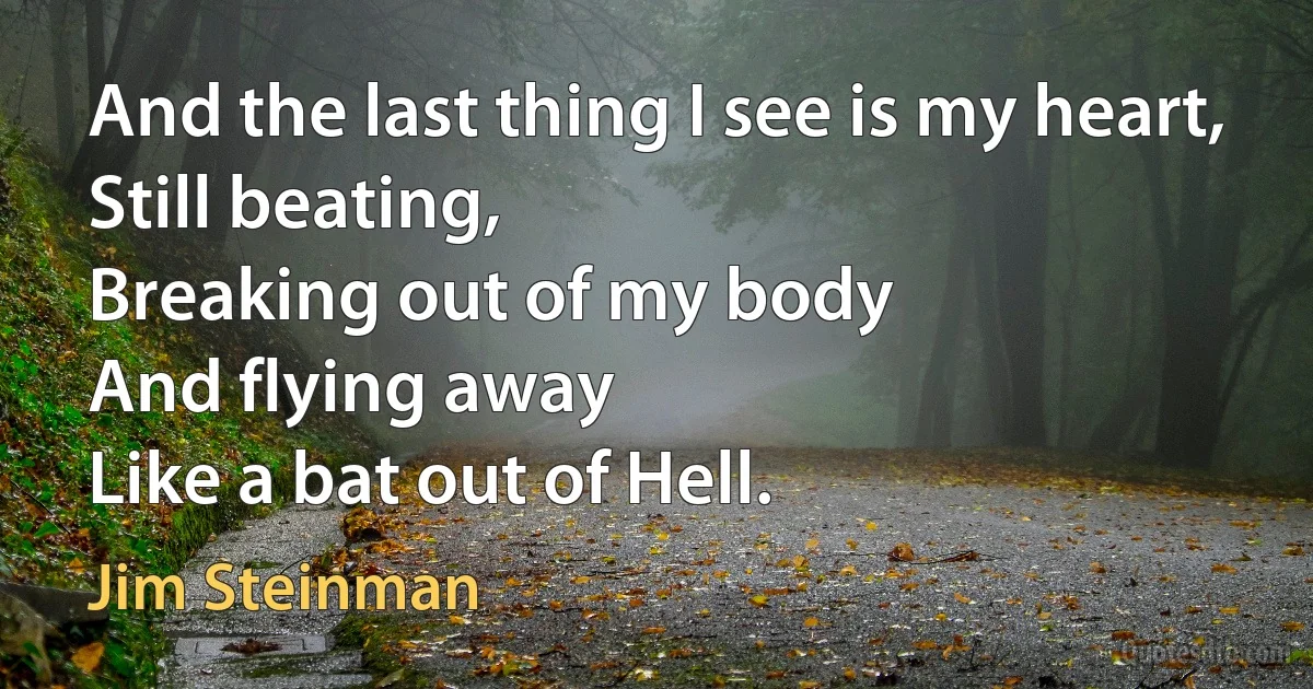 And the last thing I see is my heart,
Still beating,
Breaking out of my body
And flying away
Like a bat out of Hell. (Jim Steinman)