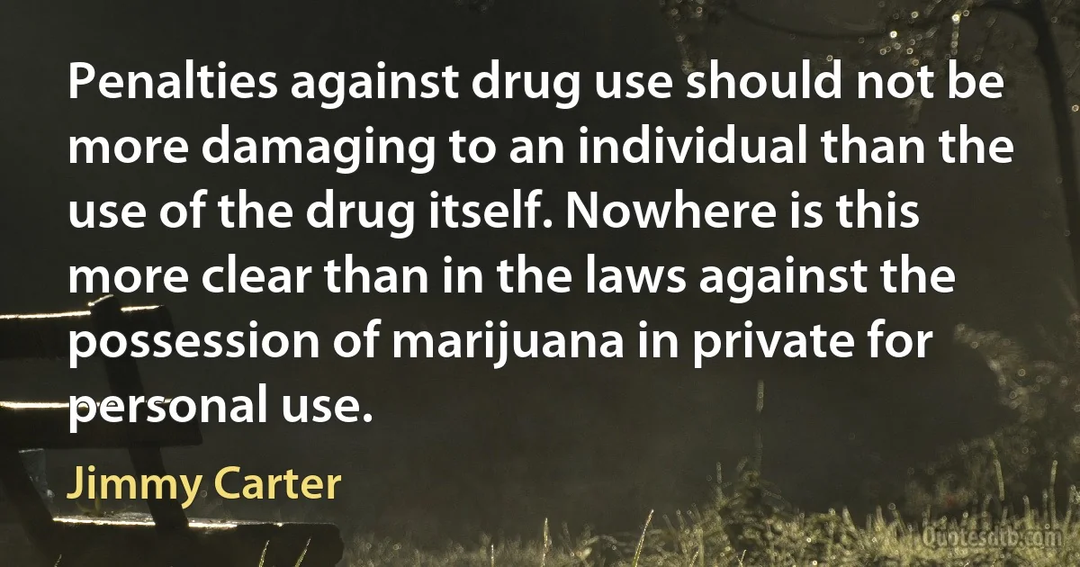 Penalties against drug use should not be more damaging to an individual than the use of the drug itself. Nowhere is this more clear than in the laws against the possession of marijuana in private for personal use. (Jimmy Carter)