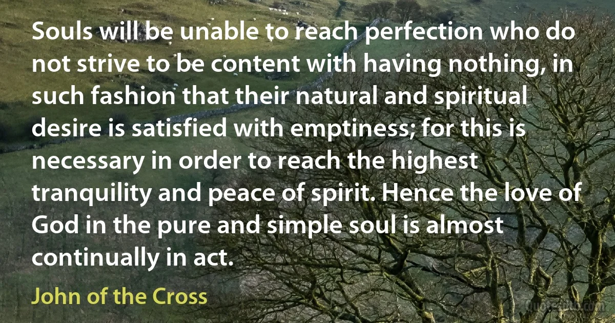 Souls will be unable to reach perfection who do not strive to be content with having nothing, in such fashion that their natural and spiritual desire is satisfied with emptiness; for this is necessary in order to reach the highest tranquility and peace of spirit. Hence the love of God in the pure and simple soul is almost continually in act. (John of the Cross)