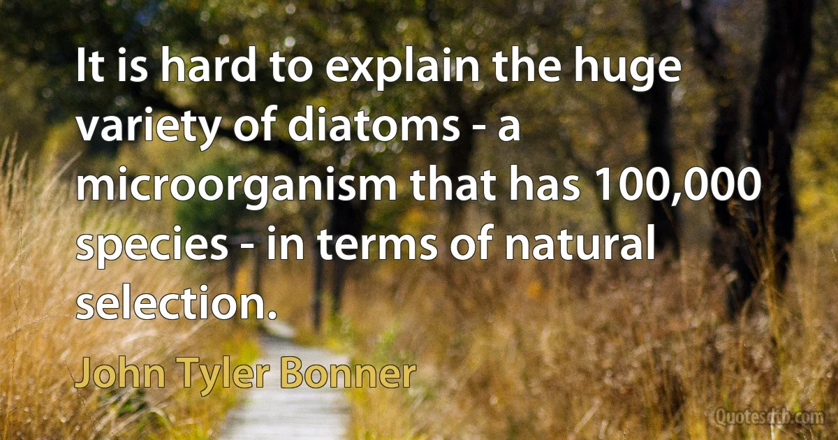 It is hard to explain the huge variety of diatoms - a microorganism that has 100,000 species - in terms of natural selection. (John Tyler Bonner)