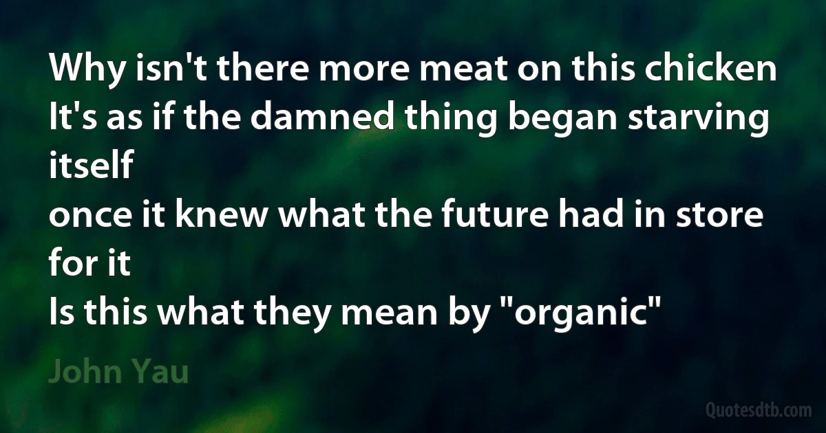 Why isn't there more meat on this chicken
It's as if the damned thing began starving itself
once it knew what the future had in store for it
Is this what they mean by "organic" (John Yau)