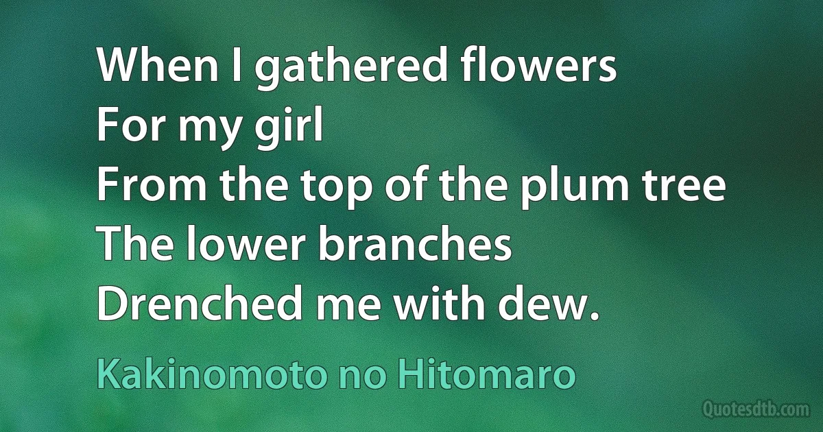 When I gathered flowers
For my girl
From the top of the plum tree
The lower branches
Drenched me with dew. (Kakinomoto no Hitomaro)