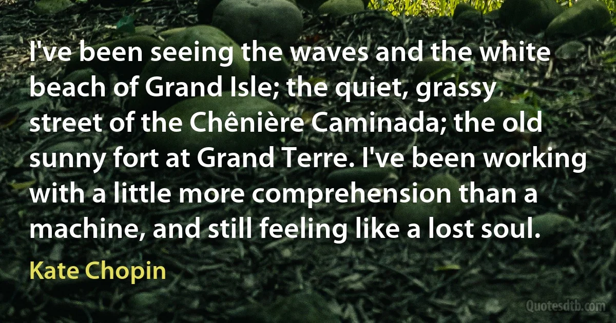 I've been seeing the waves and the white beach of Grand Isle; the quiet, grassy street of the Chênière Caminada; the old sunny fort at Grand Terre. I've been working with a little more comprehension than a machine, and still feeling like a lost soul. (Kate Chopin)