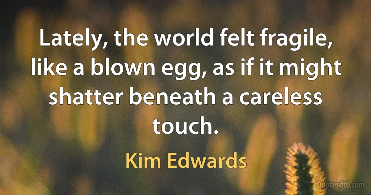 Lately, the world felt fragile, like a blown egg, as if it might shatter beneath a careless touch. (Kim Edwards)