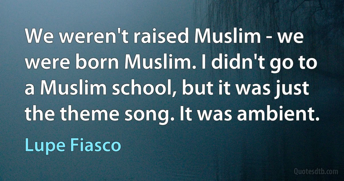 We weren't raised Muslim - we were born Muslim. I didn't go to a Muslim school, but it was just the theme song. It was ambient. (Lupe Fiasco)