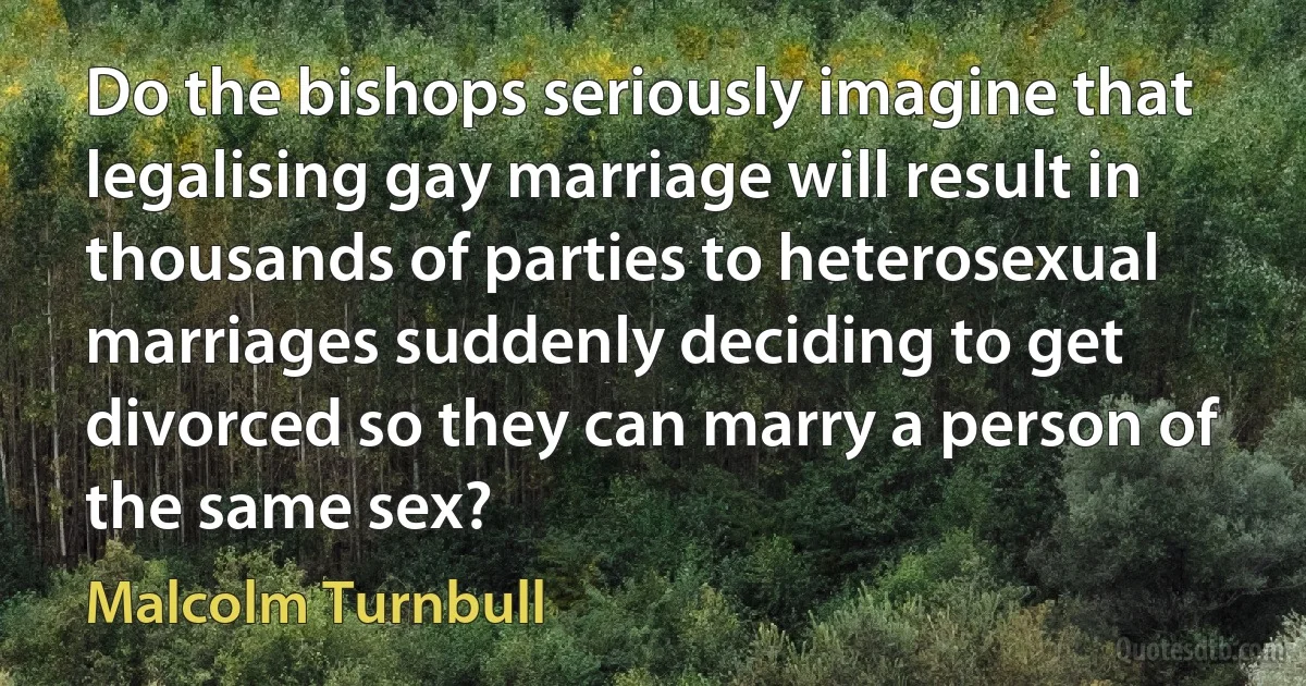 Do the bishops seriously imagine that legalising gay marriage will result in thousands of parties to heterosexual marriages suddenly deciding to get divorced so they can marry a person of the same sex? (Malcolm Turnbull)