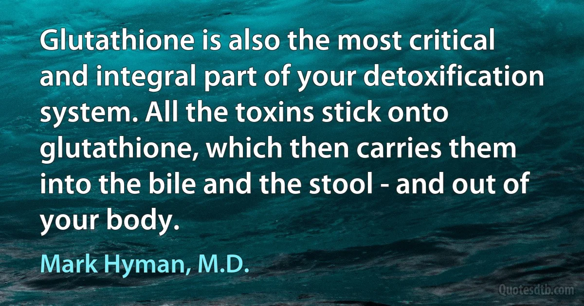 Glutathione is also the most critical and integral part of your detoxification system. All the toxins stick onto glutathione, which then carries them into the bile and the stool - and out of your body. (Mark Hyman, M.D.)