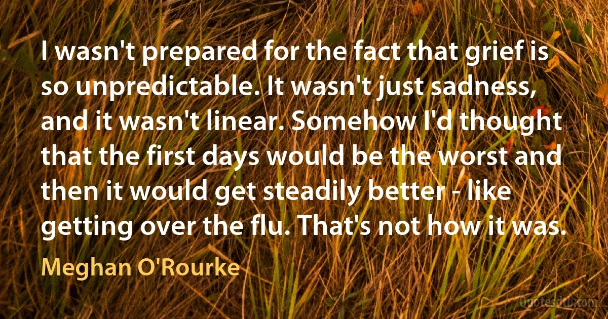 I wasn't prepared for the fact that grief is so unpredictable. It wasn't just sadness, and it wasn't linear. Somehow I'd thought that the first days would be the worst and then it would get steadily better - like getting over the flu. That's not how it was. (Meghan O'Rourke)