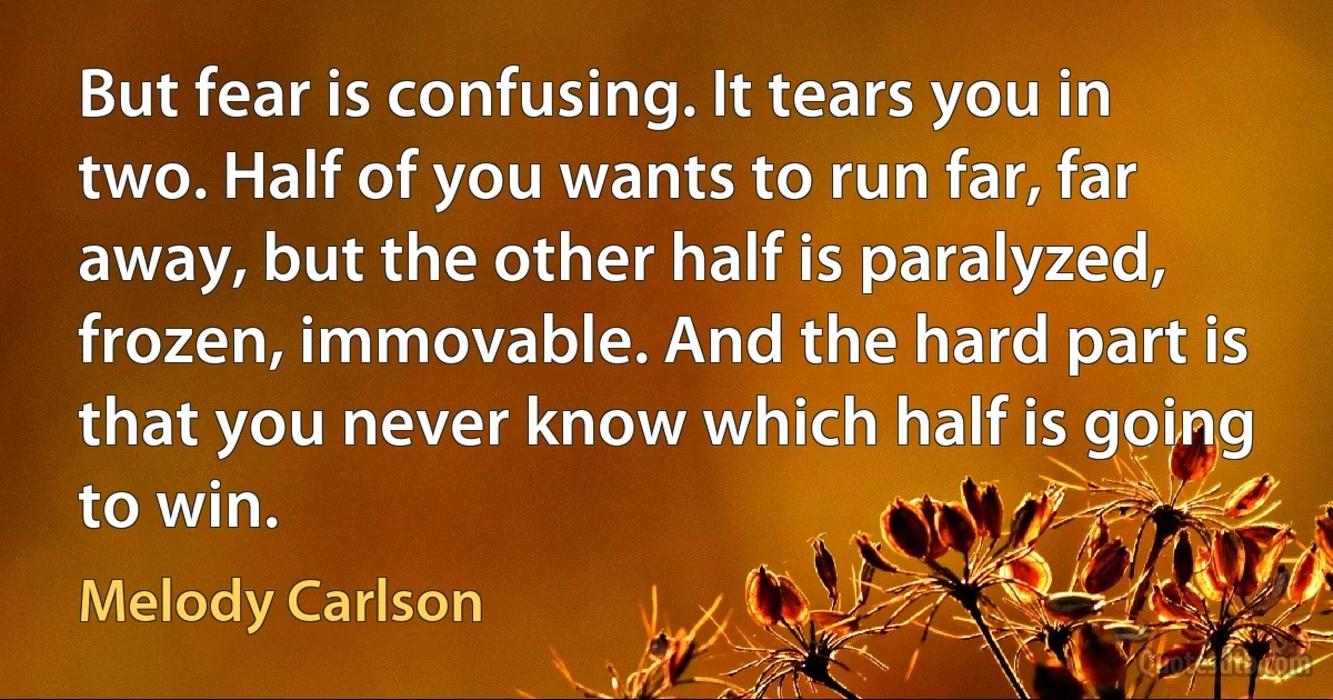 But fear is confusing. It tears you in two. Half of you wants to run far, far away, but the other half is paralyzed, frozen, immovable. And the hard part is that you never know which half is going to win. (Melody Carlson)