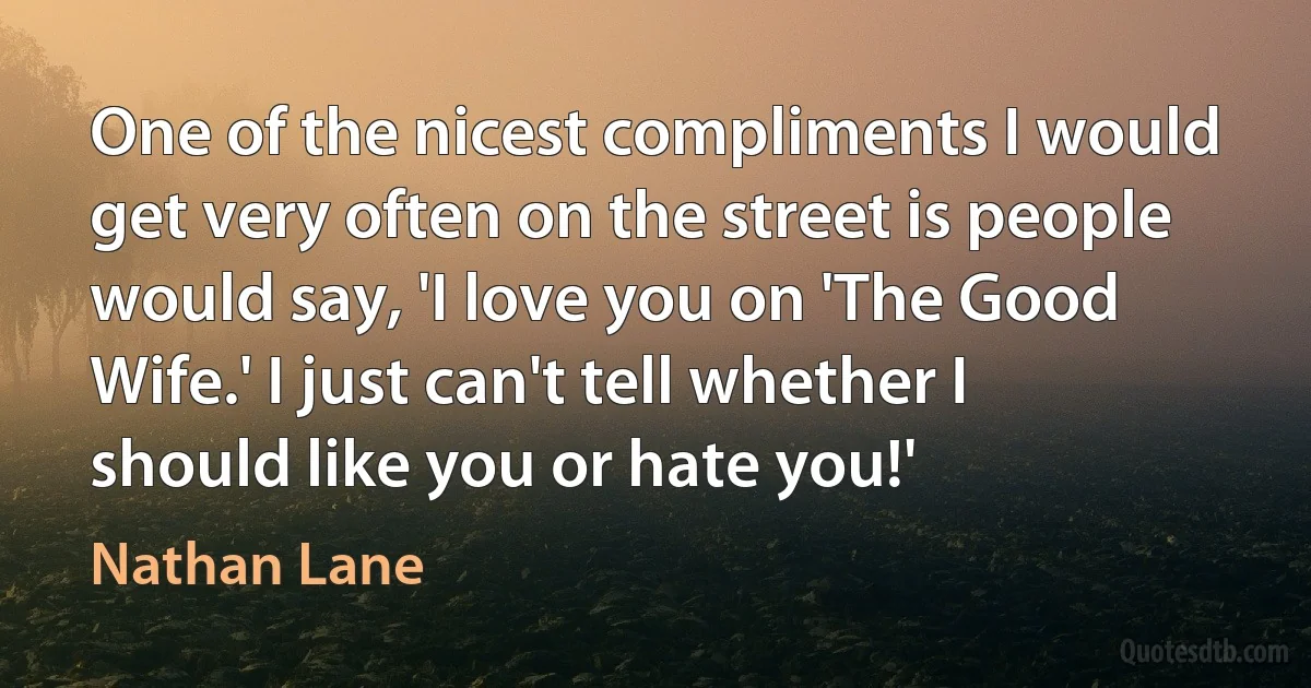 One of the nicest compliments I would get very often on the street is people would say, 'I love you on 'The Good Wife.' I just can't tell whether I should like you or hate you!' (Nathan Lane)