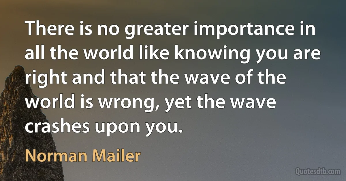 There is no greater importance in all the world like knowing you are right and that the wave of the world is wrong, yet the wave crashes upon you. (Norman Mailer)