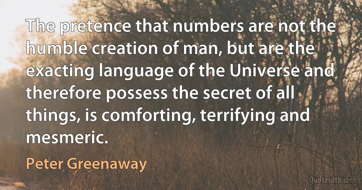 The pretence that numbers are not the humble creation of man, but are the exacting language of the Universe and therefore possess the secret of all things, is comforting, terrifying and mesmeric. (Peter Greenaway)