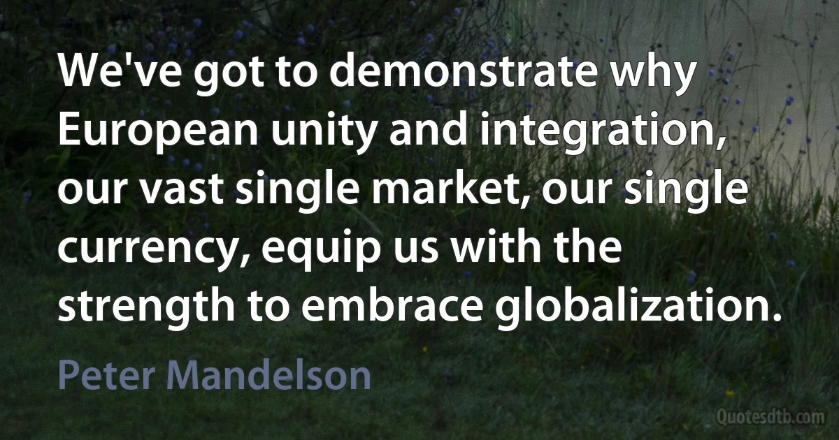 We've got to demonstrate why European unity and integration, our vast single market, our single currency, equip us with the strength to embrace globalization. (Peter Mandelson)