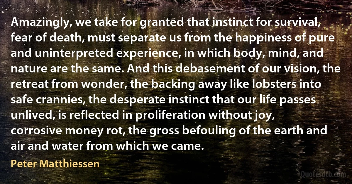 Amazingly, we take for granted that instinct for survival, fear of death, must separate us from the happiness of pure and uninterpreted experience, in which body, mind, and nature are the same. And this debasement of our vision, the retreat from wonder, the backing away like lobsters into safe crannies, the desperate instinct that our life passes unlived, is reflected in proliferation without joy, corrosive money rot, the gross befouling of the earth and air and water from which we came. (Peter Matthiessen)