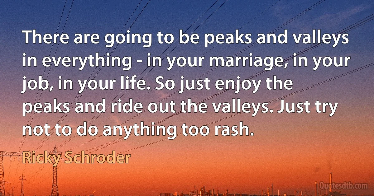 There are going to be peaks and valleys in everything - in your marriage, in your job, in your life. So just enjoy the peaks and ride out the valleys. Just try not to do anything too rash. (Ricky Schroder)