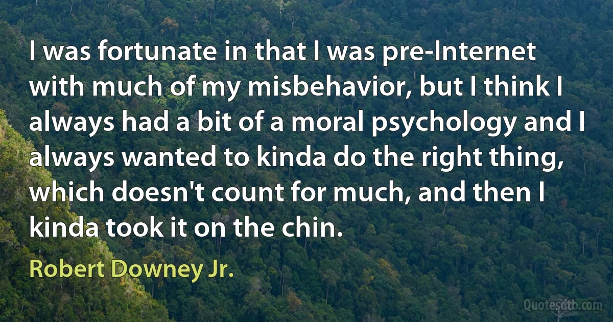 I was fortunate in that I was pre-Internet with much of my misbehavior, but I think I always had a bit of a moral psychology and I always wanted to kinda do the right thing, which doesn't count for much, and then I kinda took it on the chin. (Robert Downey Jr.)