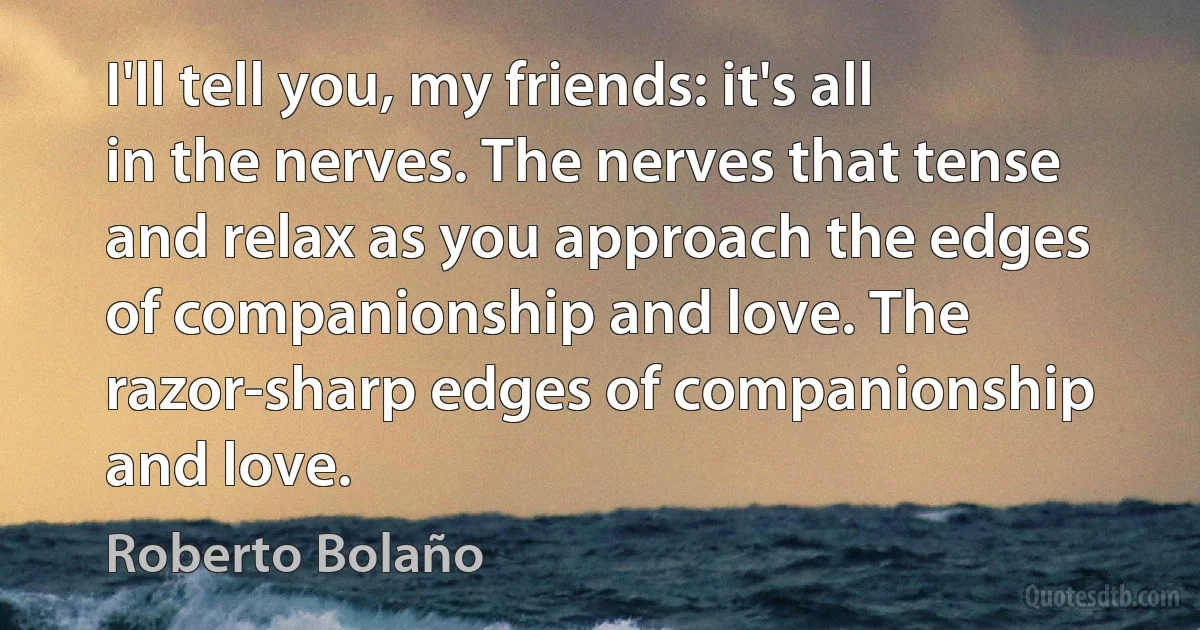 I'll tell you, my friends: it's all in the nerves. The nerves that tense and relax as you approach the edges of companionship and love. The razor-sharp edges of companionship and love. (Roberto Bolaño)