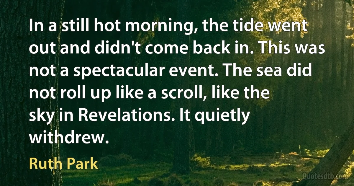 In a still hot morning, the tide went out and didn't come back in. This was not a spectacular event. The sea did not roll up like a scroll, like the sky in Revelations. It quietly withdrew. (Ruth Park)