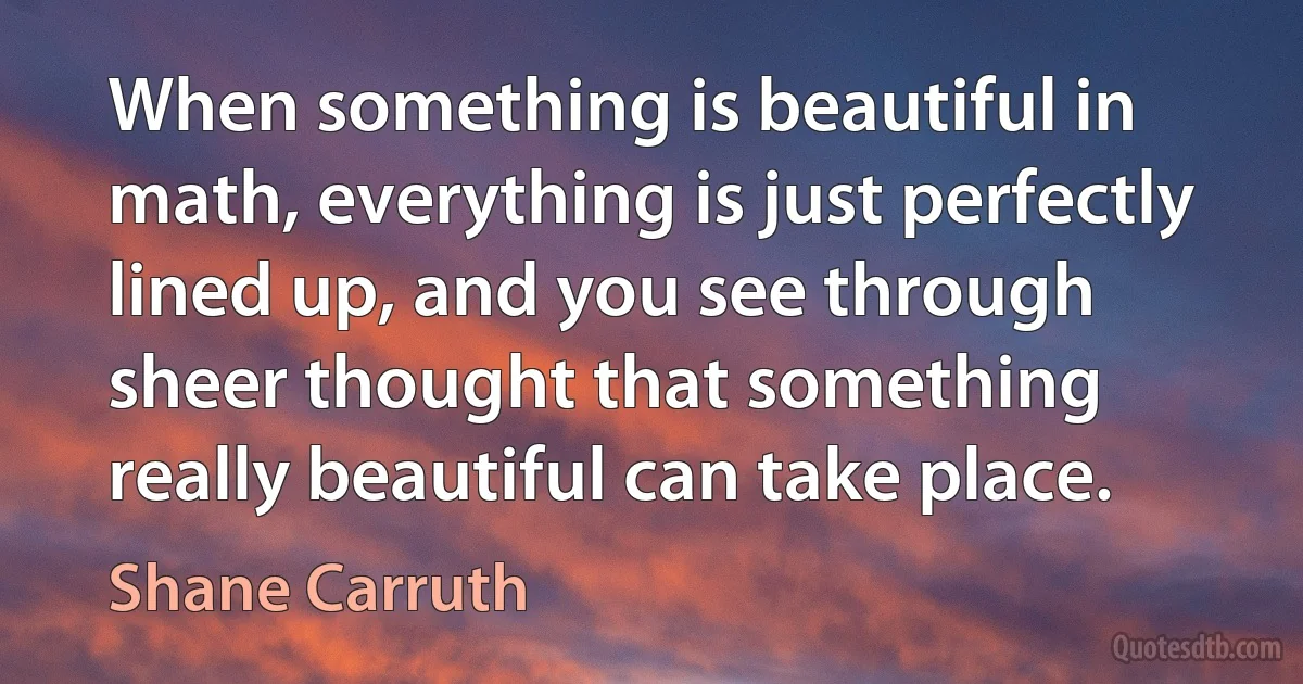 When something is beautiful in math, everything is just perfectly lined up, and you see through sheer thought that something really beautiful can take place. (Shane Carruth)