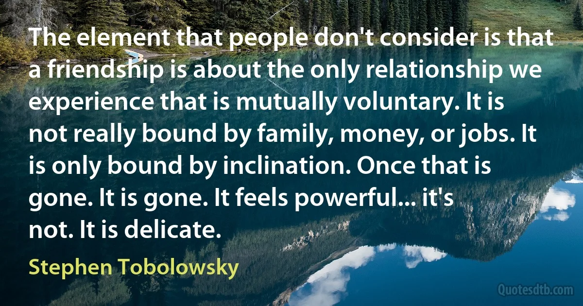 The element that people don't consider is that a friendship is about the only relationship we experience that is mutually voluntary. It is not really bound by family, money, or jobs. It is only bound by inclination. Once that is gone. It is gone. It feels powerful... it's not. It is delicate. (Stephen Tobolowsky)