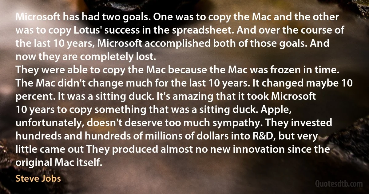 Microsoft has had two goals. One was to copy the Mac and the other was to copy Lotus' success in the spreadsheet. And over the course of the last 10 years, Microsoft accomplished both of those goals. And now they are completely lost.
They were able to copy the Mac because the Mac was frozen in time. The Mac didn't change much for the last 10 years. It changed maybe 10 percent. It was a sitting duck. It's amazing that it took Microsoft 10 years to copy something that was a sitting duck. Apple, unfortunately, doesn't deserve too much sympathy. They invested hundreds and hundreds of millions of dollars into R&D, but very little came out They produced almost no new innovation since the original Mac itself. (Steve Jobs)