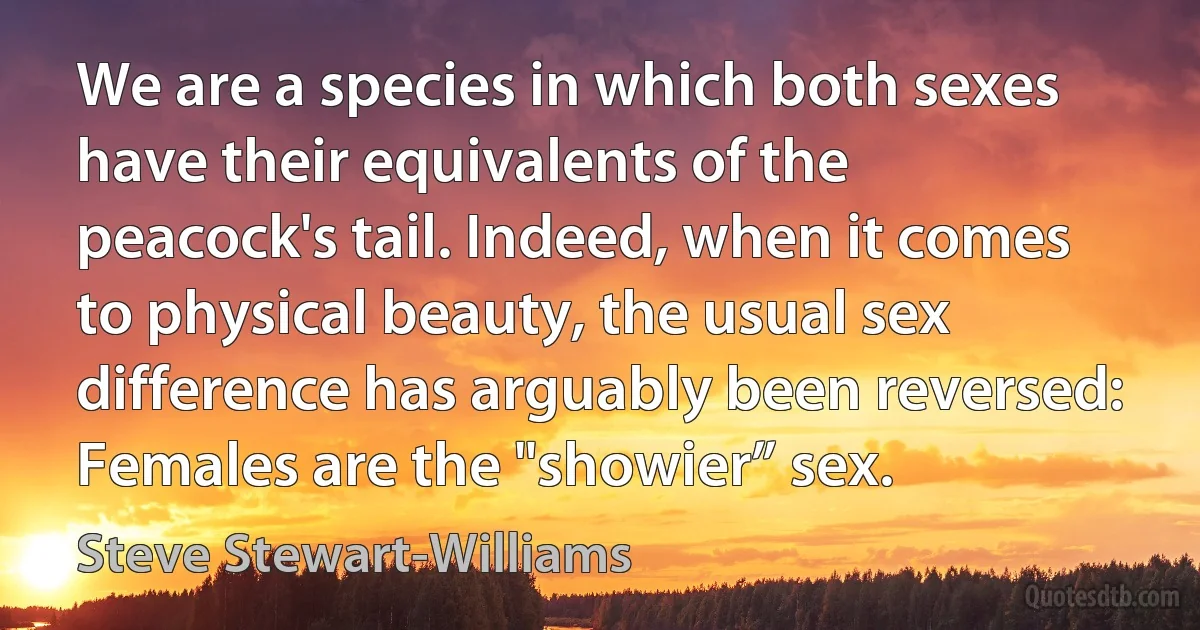 We are a species in which both sexes have their equivalents of the peacock's tail. Indeed, when it comes to physical beauty, the usual sex difference has arguably been reversed: Females are the "showier” sex. (Steve Stewart-Williams)