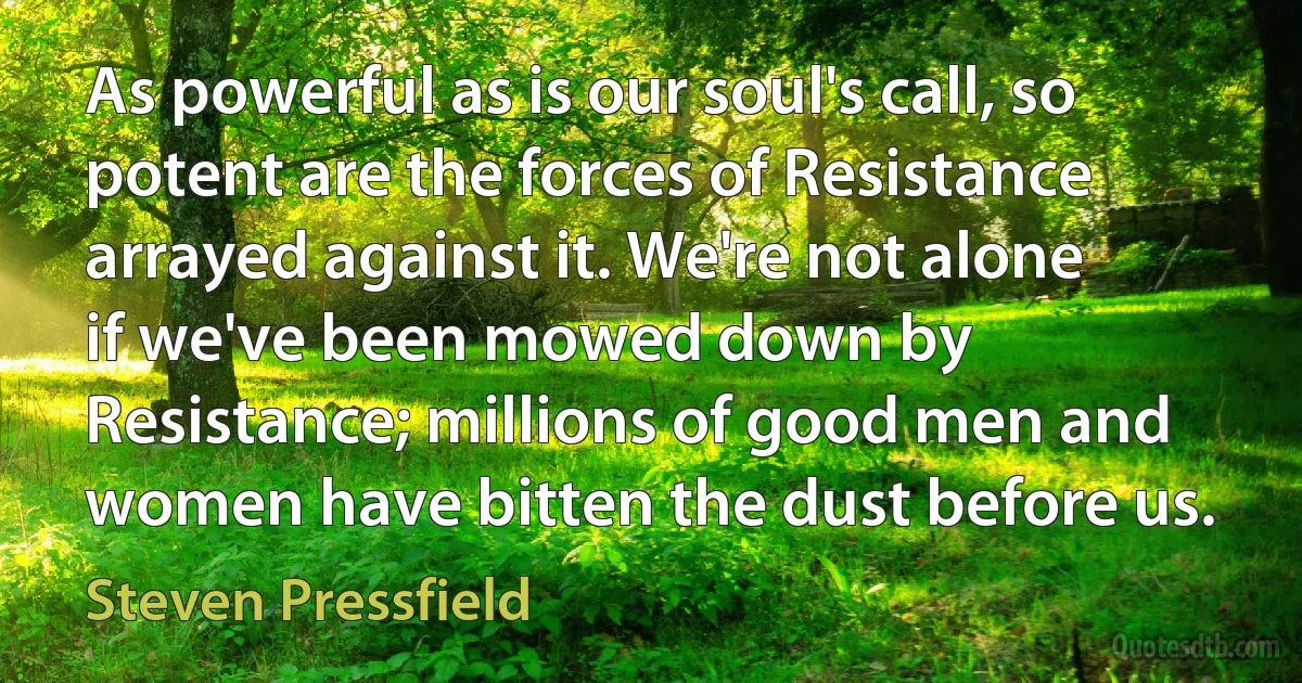 As powerful as is our soul's call, so potent are the forces of Resistance arrayed against it. We're not alone if we've been mowed down by Resistance; millions of good men and women have bitten the dust before us. (Steven Pressfield)