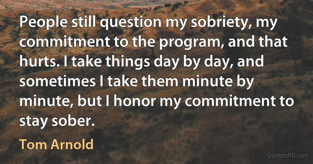 People still question my sobriety, my commitment to the program, and that hurts. I take things day by day, and sometimes I take them minute by minute, but I honor my commitment to stay sober. (Tom Arnold)