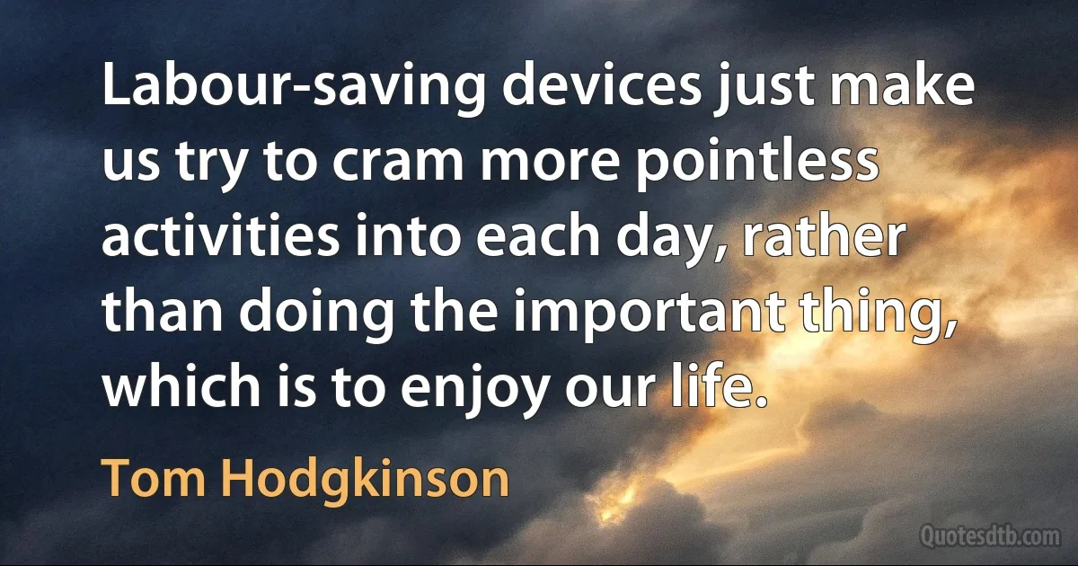 Labour-saving devices just make us try to cram more pointless activities into each day, rather than doing the important thing, which is to enjoy our life. (Tom Hodgkinson)