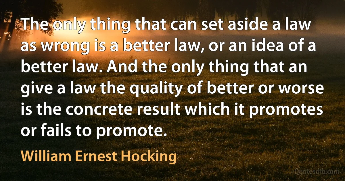 The only thing that can set aside a law as wrong is a better law, or an idea of a better law. And the only thing that an give a law the quality of better or worse is the concrete result which it promotes or fails to promote. (William Ernest Hocking)