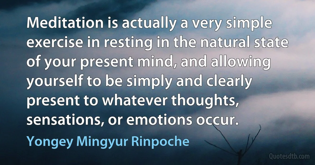 Meditation is actually a very simple exercise in resting in the natural state of your present mind, and allowing yourself to be simply and clearly present to whatever thoughts, sensations, or emotions occur. (Yongey Mingyur Rinpoche)