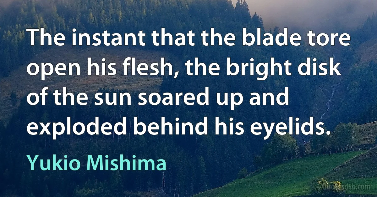 The instant that the blade tore open his flesh, the bright disk of the sun soared up and exploded behind his eyelids. (Yukio Mishima)