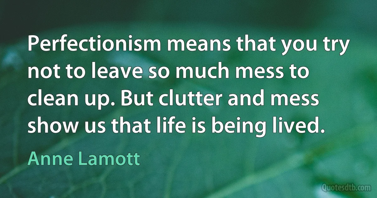 Perfectionism means that you try not to leave so much mess to clean up. But clutter and mess show us that life is being lived. (Anne Lamott)